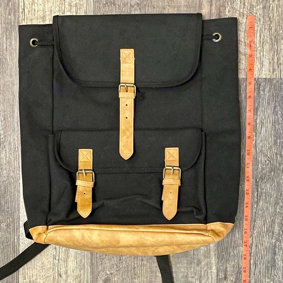 Women’s Faux Leather Canvas Draw String Bucket Bag Mid Size Backpack Black & Tan - Picture 3 of 8